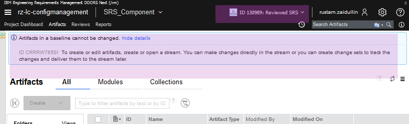 Warning: To create or edit artifacts, create or open a stream. You can make changes directly in the stream or you can create change sets...